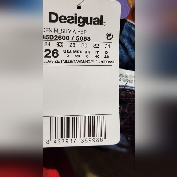 DESIGUAL NWT Flower Embroidered Straight Leg W/ankle Elastic Jeans BOHO Hippie - Picture 2 of 16